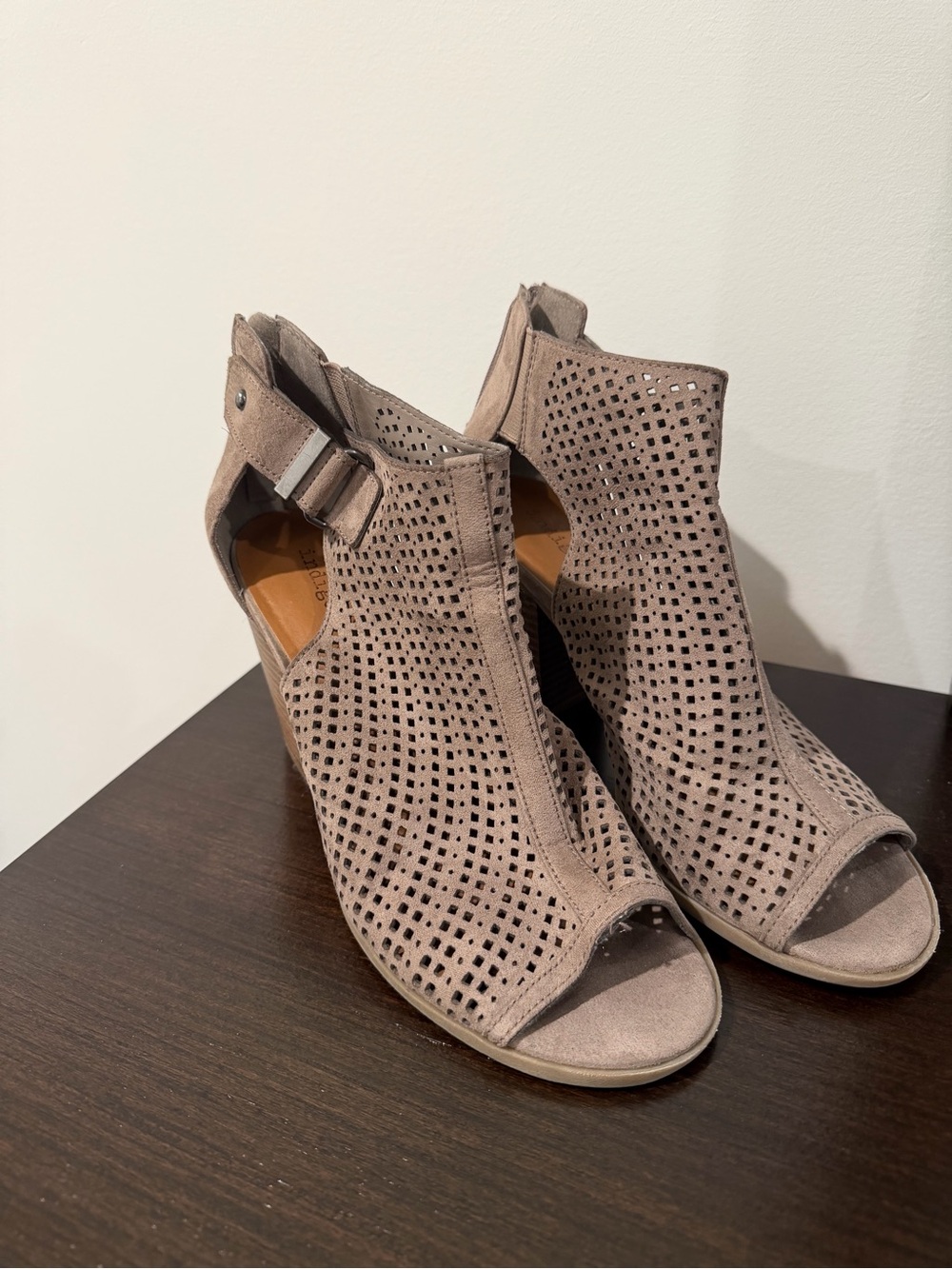 Taupe Perforated Peep-Toe Wedge Sandals - Women